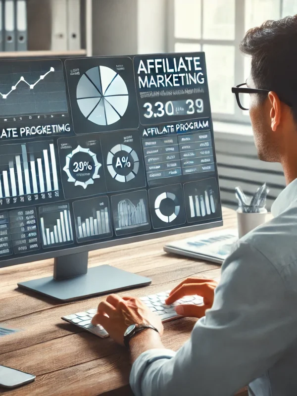 DALL·E 2025-02-23 23.17.35 - An image showcasing an affiliate marketing professional working at a computer, with affiliate program dashboards and charts visible on the screen. The