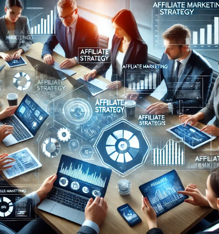 DALL·E 2025-02-23 23.19.19 - A modern and dynamic image of an affiliate marketing strategy meeting, with a group of professionals discussing and analyzing affiliate marketing plan
