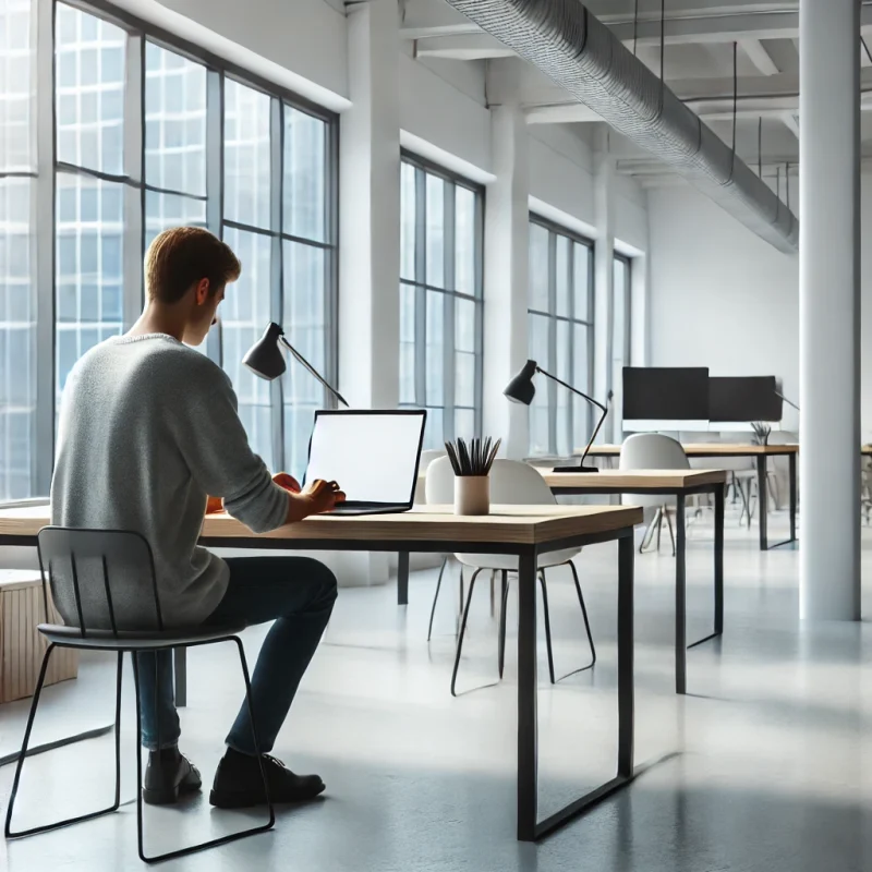 DALL·E 2025-02-23 23.34.34 - An individual working on a laptop in a bright, minimalist office. The office should have clean, modern furniture with a large window letting in natura