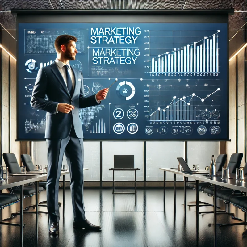 DALL·E 2025-02-23 23.34.40 - A professional presenting a marketing strategy on a digital screen. The scene should include a confident presenter standing in front of a large screen