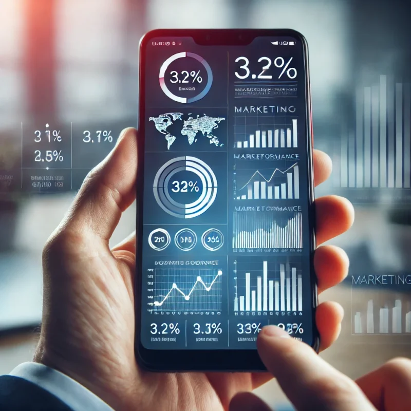 DALL·E 2025-02-23 23.34.45 - A close-up image of a smartphone displaying analytics and data. The screen should show graphs, data points, and marketing performance metrics. The bac