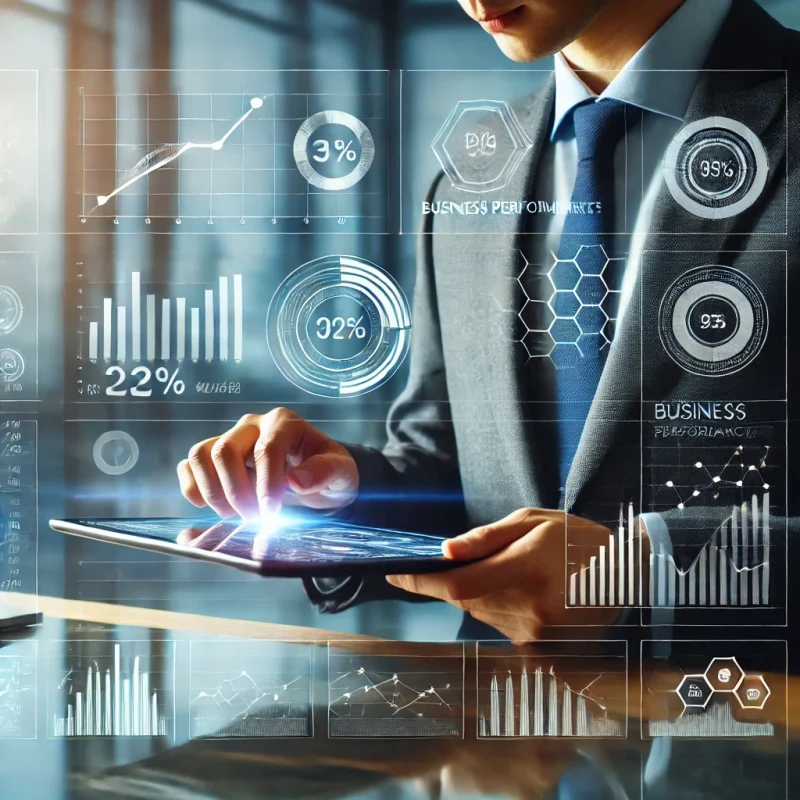 DALL·E 2025-02-23 23.35.03 - A person analyzing data on a tablet with futuristic interface elements in the background. The tablet screen should display business performance metric